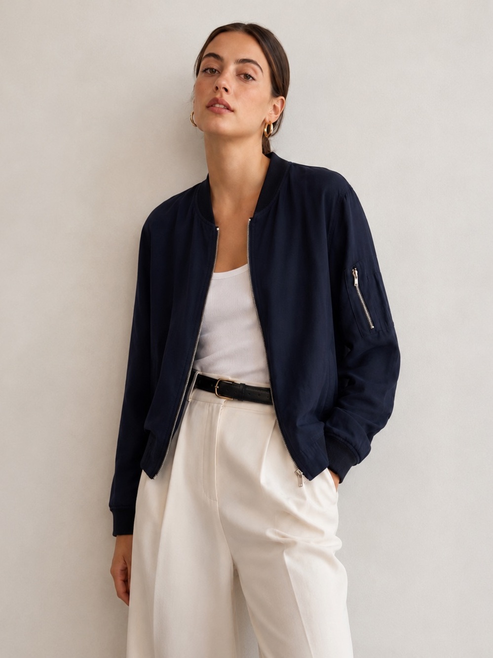DEX Modal Blend Navy Bomber Jacket Minimalist Luxe Casual